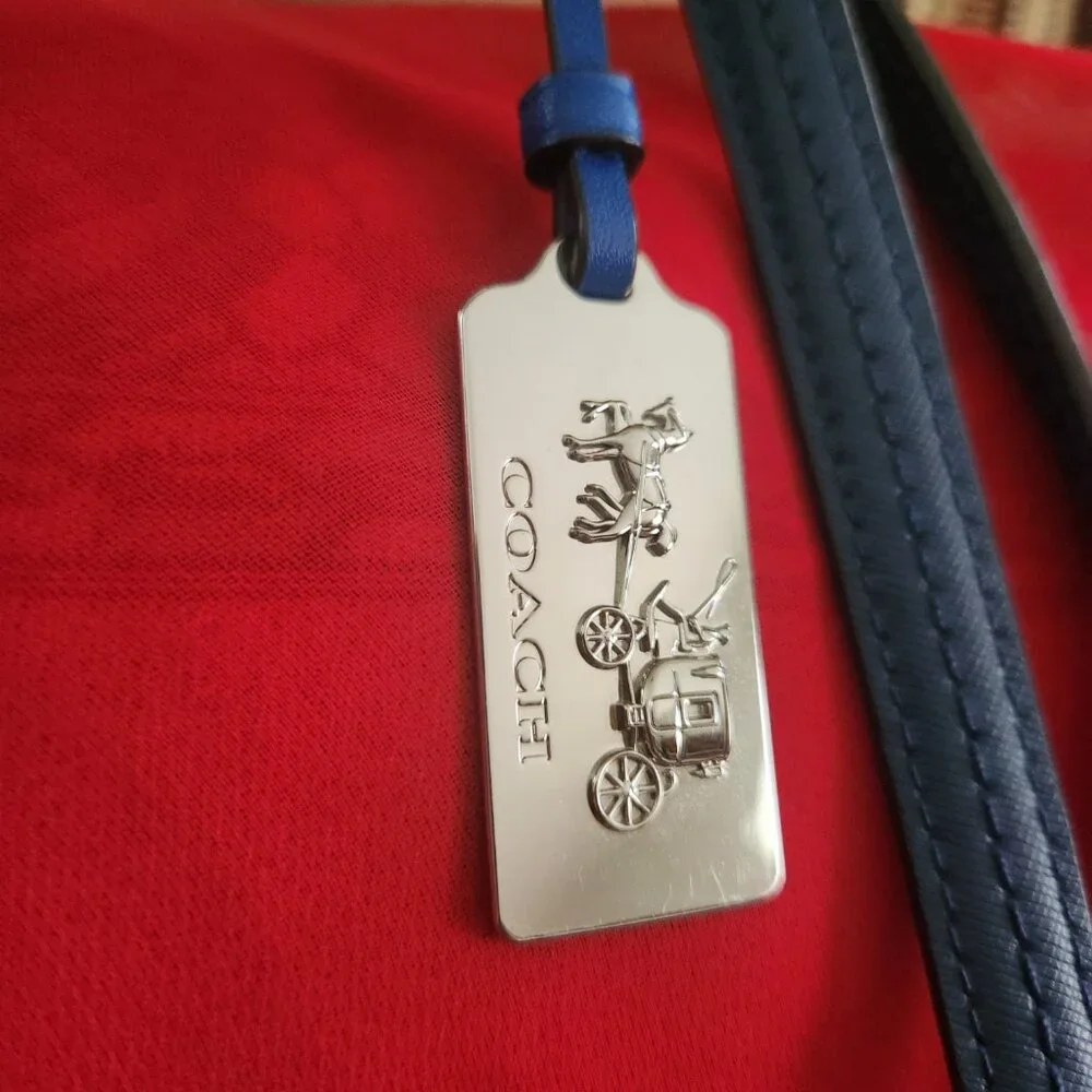 Coach Tan Signature Canvas Tote with Blue Trim - Picture 2 of 11